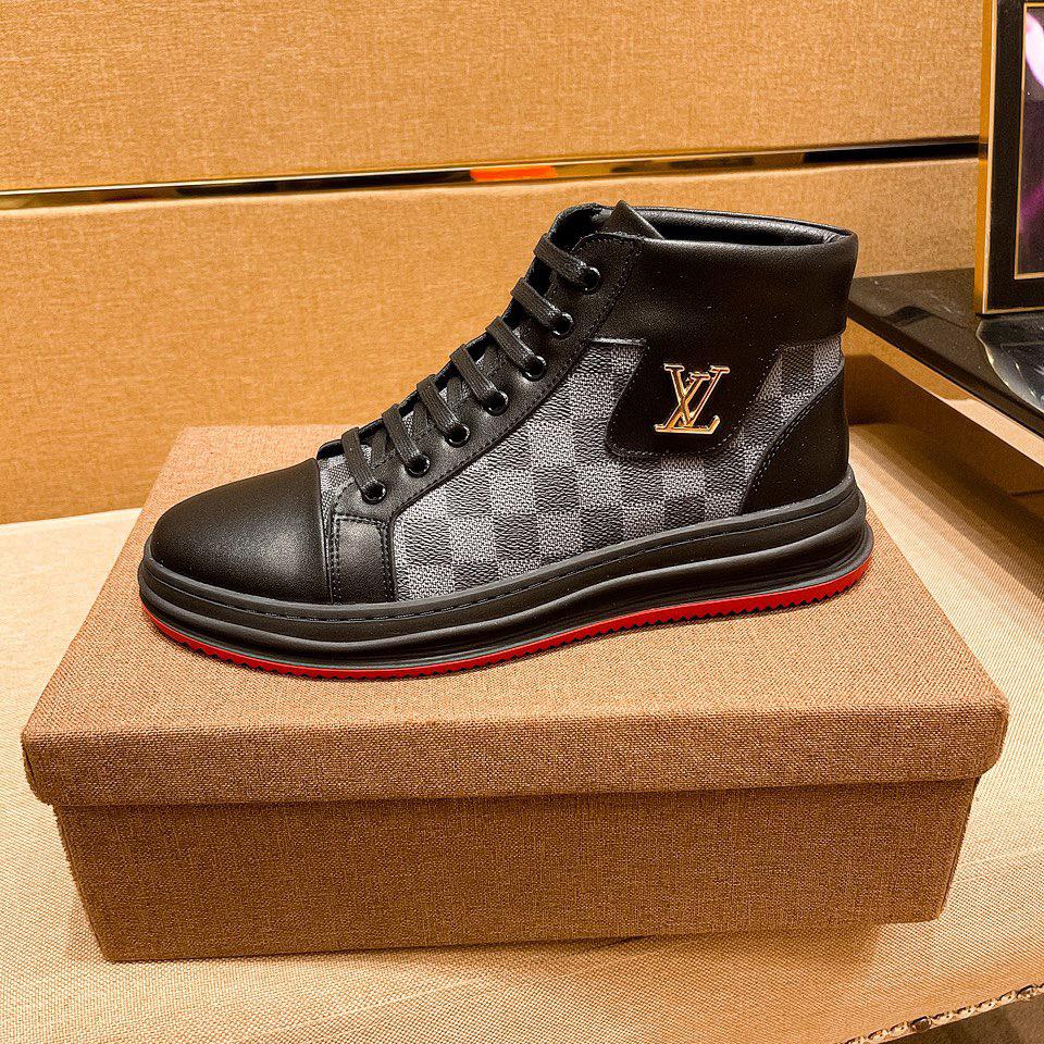 Men's black Leisure printed leather casual mid-top shoes