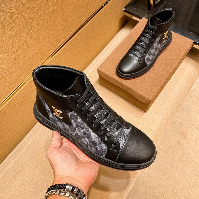 Men's black Leisure printed leather casual mid-top shoes