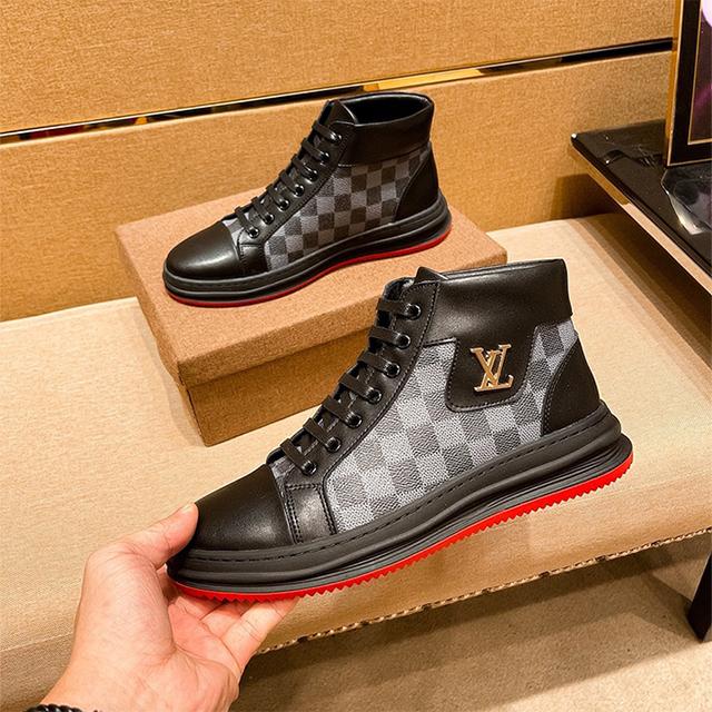 Men's black Leisure printed leather casual mid-top shoes