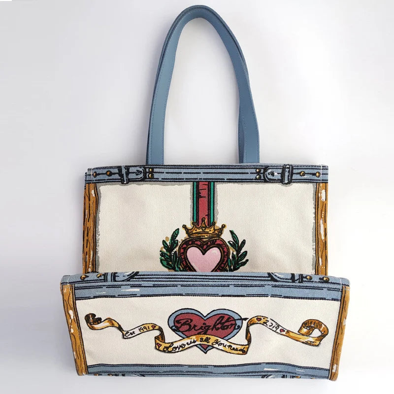 Women's canvas cartoon printed shopping bag, one shoulder handbag, canvas dog, large capacity