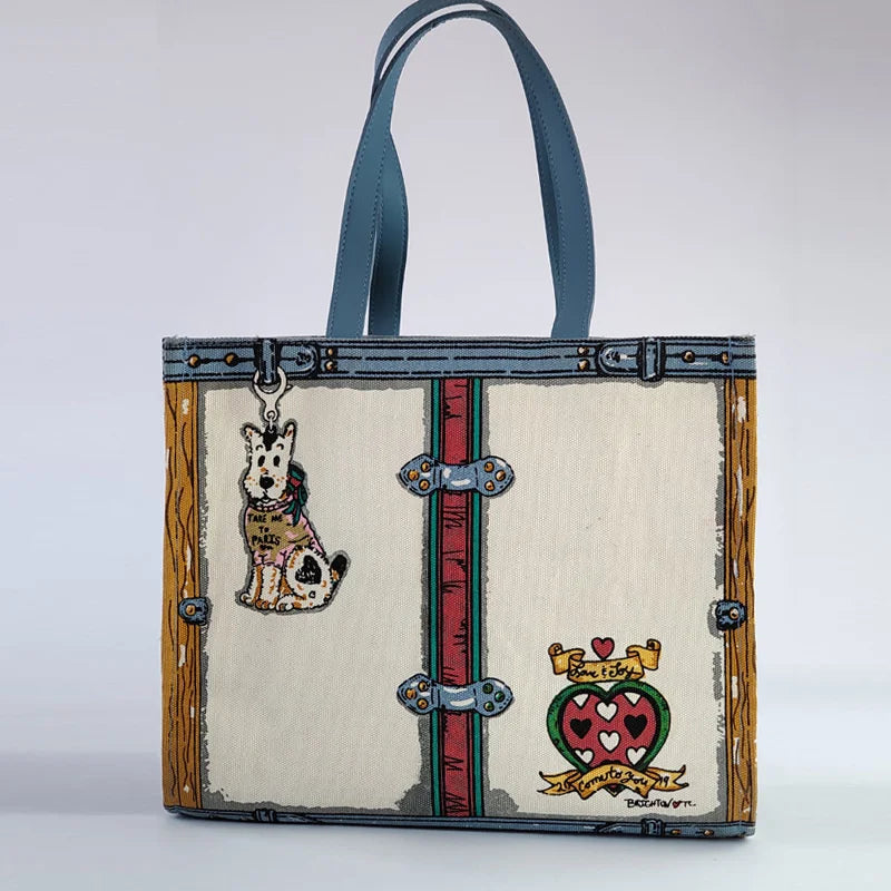 Women's canvas cartoon printed shopping bag, one shoulder handbag, canvas dog, large capacity