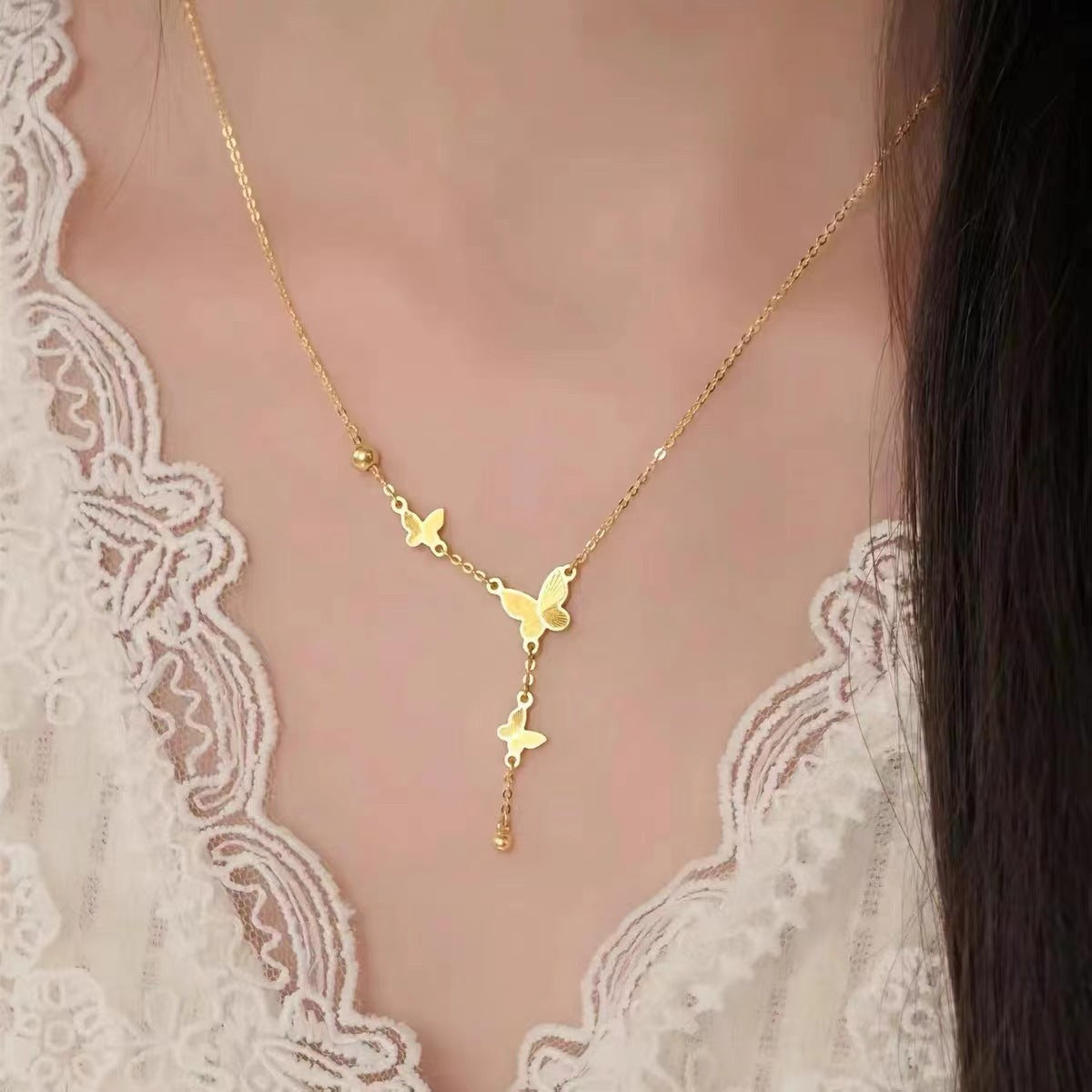 New titanium steel butterfly tassel necklace 2025081107