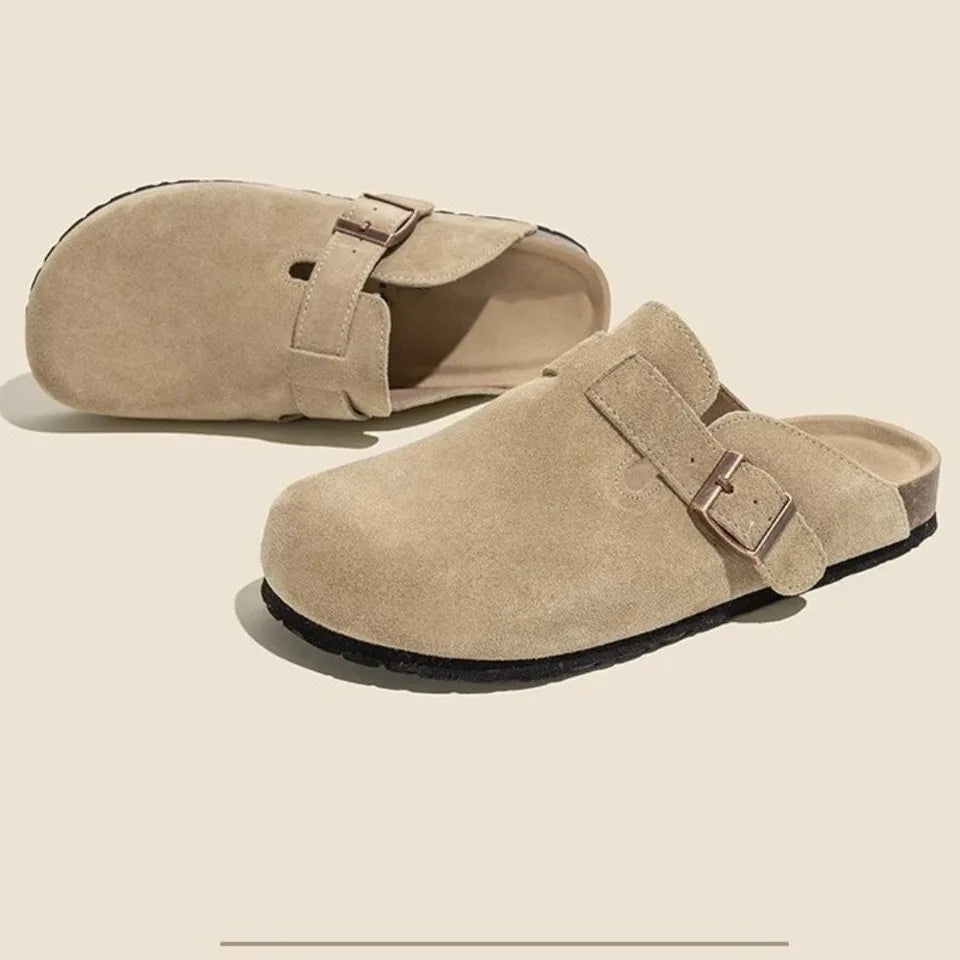 New retro solid color soft sole sloping back round toe thick sole suede women's shoes