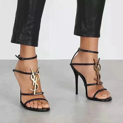 Summer New Genuine Leather Stiletto With Socialite Letter Buckle High-heeled ShoesPD05202412406