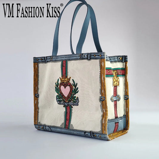 Women's canvas cartoon printed shopping bag, one shoulder handbag, canvas dog, large capacity