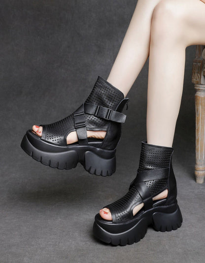 Hollow Leather Strap Open Toe Platform Sandals