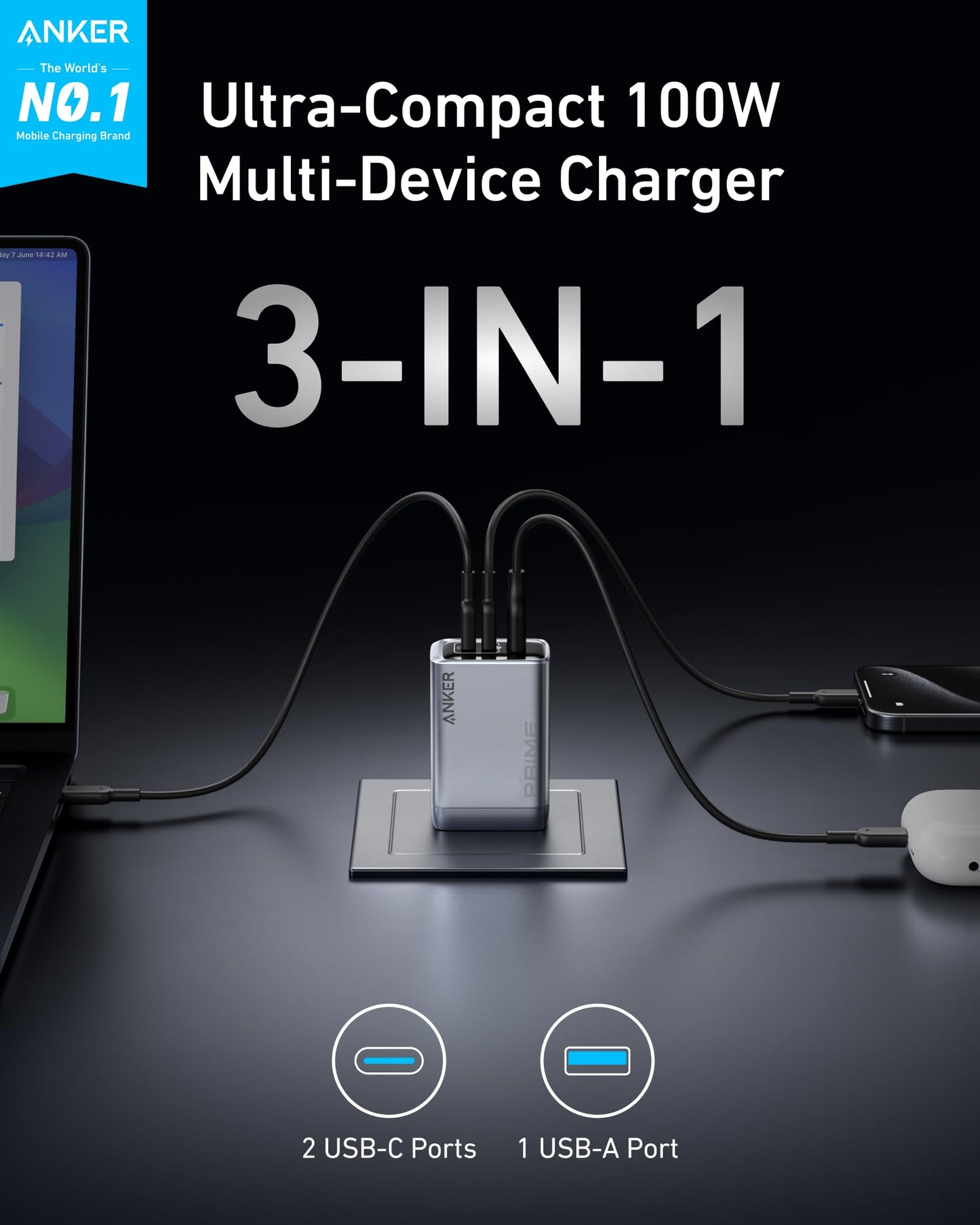 Charger 100W 3-Port GaN USB C Charger Holder, Foldable and Compact
