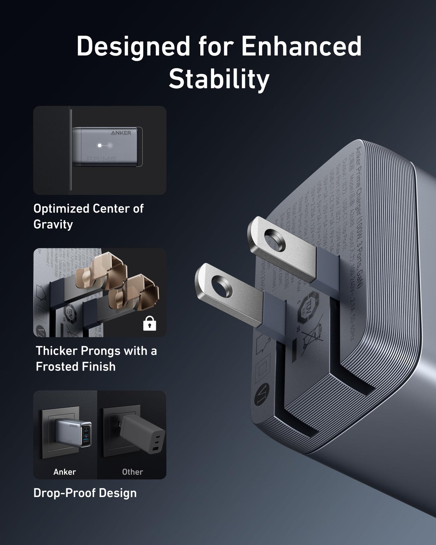 Charger 100W 3-Port GaN USB C Charger Holder, Foldable and Compact