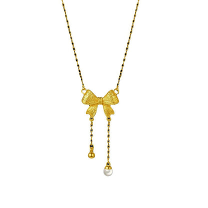 Copper alloy bow tassel necklace 2025081202
